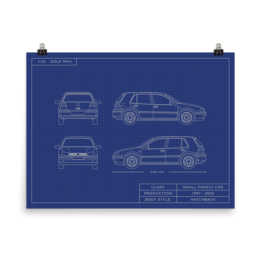 Golf MK4 1:15 Scale Blueprint Poster Without Frame Blueprint Fashion EU