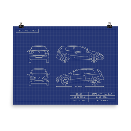 Golf MK5 1:15 Scale Blueprint Poster Without Frame Blueprint Fashion EU