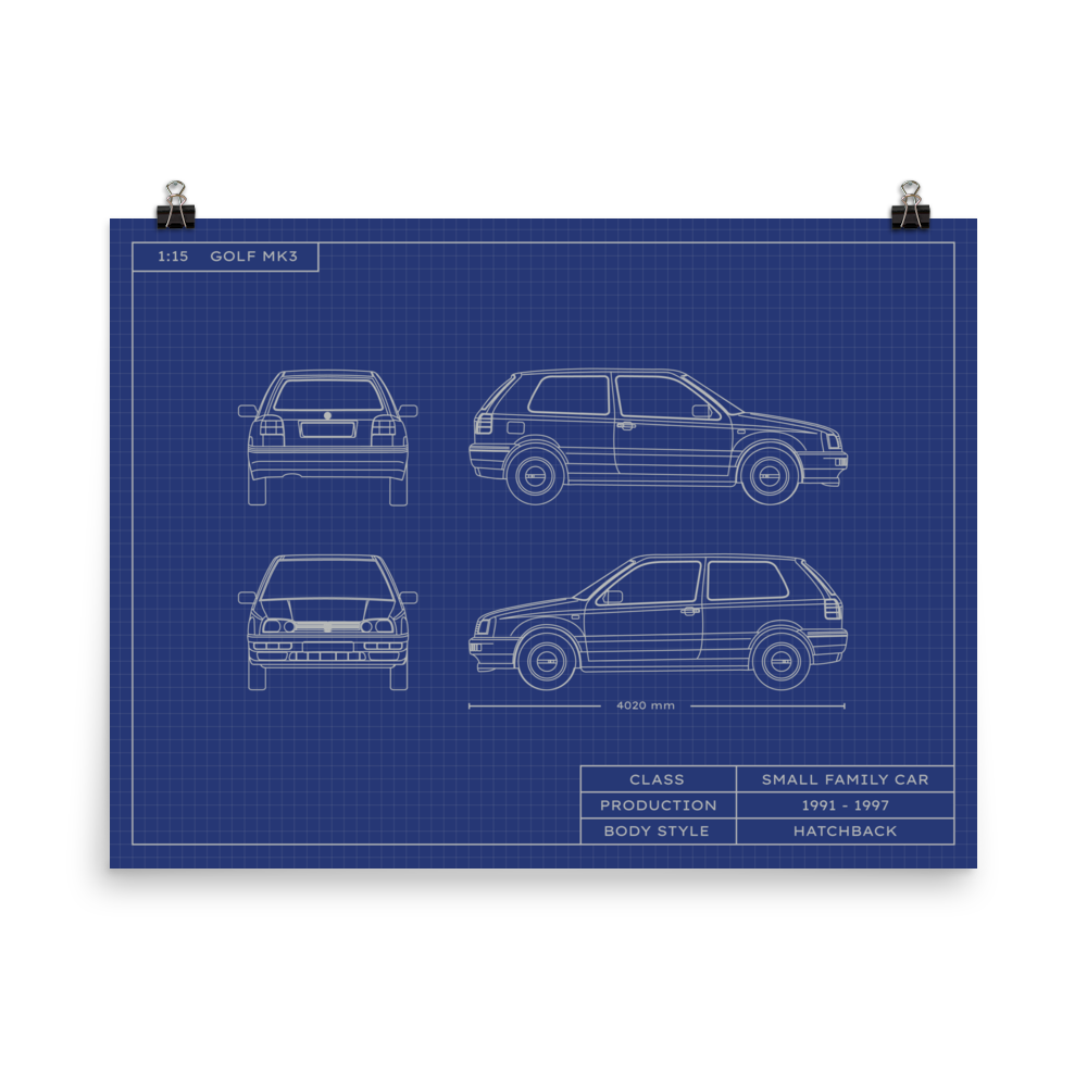 Golf MK3 1:15 Scale Blueprint Poster Without Frame Blueprint Fashion EU