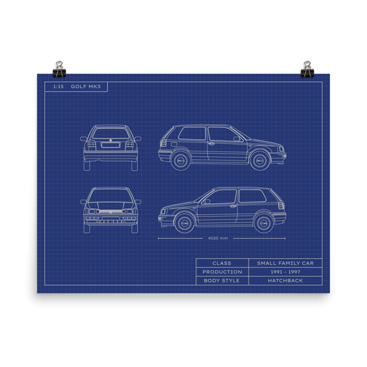 Golf MK3 1:15 Scale Blueprint Poster Without Frame Blueprint Fashion EU