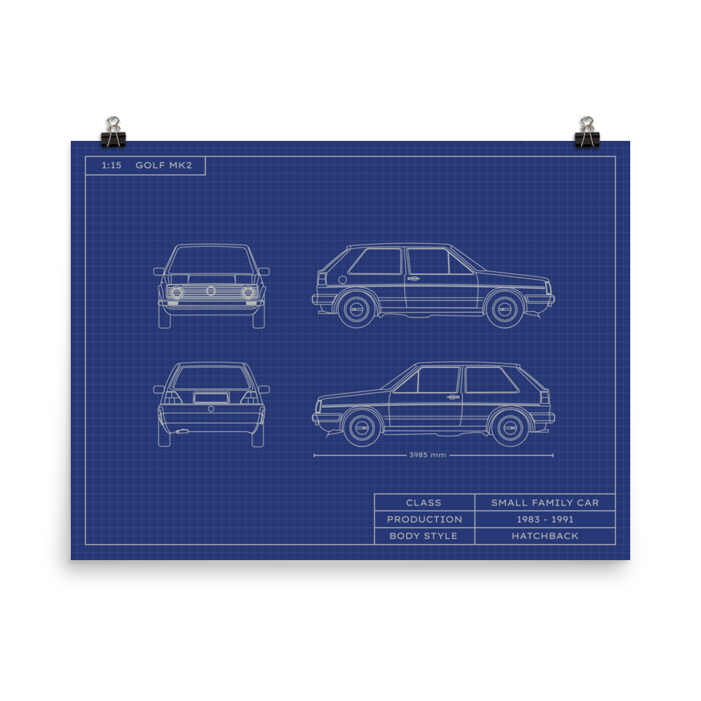 Golf MK2 1:15 Scale Blueprint Poster Without Frame Blueprint Fashion EU