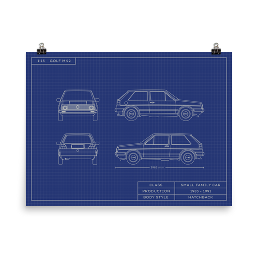 Golf MK2 1:15 Scale Blueprint Poster Without Frame Blueprint Fashion EU